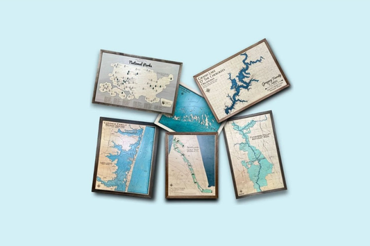 Examples of wooden maps: National park travel map, lake map, coastline map, golf course map, park map, and island map.