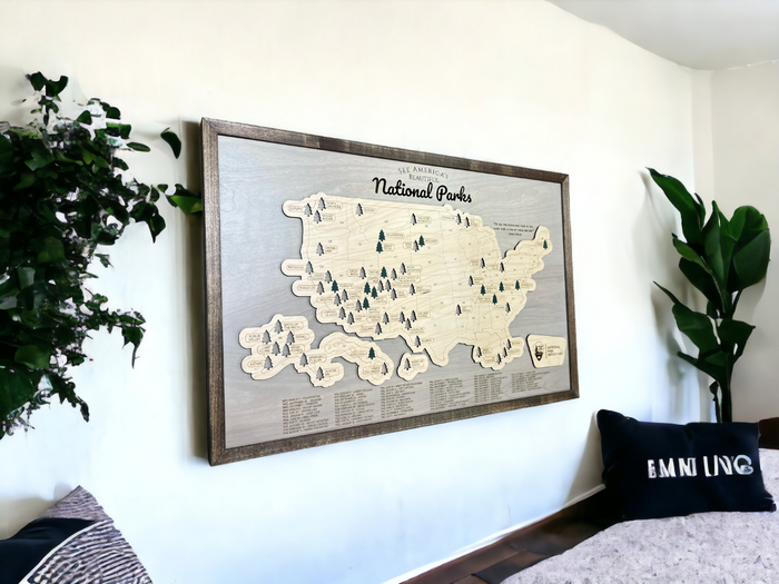 National park wooden travel map hanging on wall