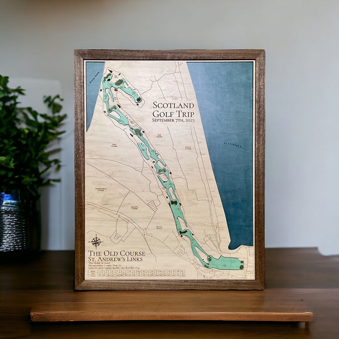 Wooden golf course map on wooden desk