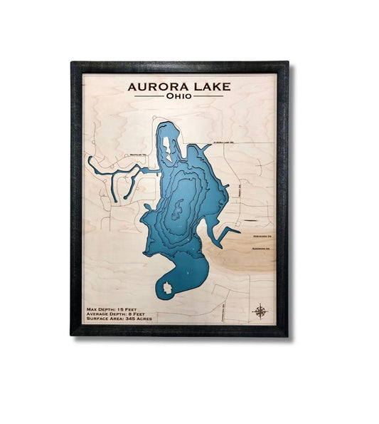 Aurora Lake in Ohio wooden map on a white background.