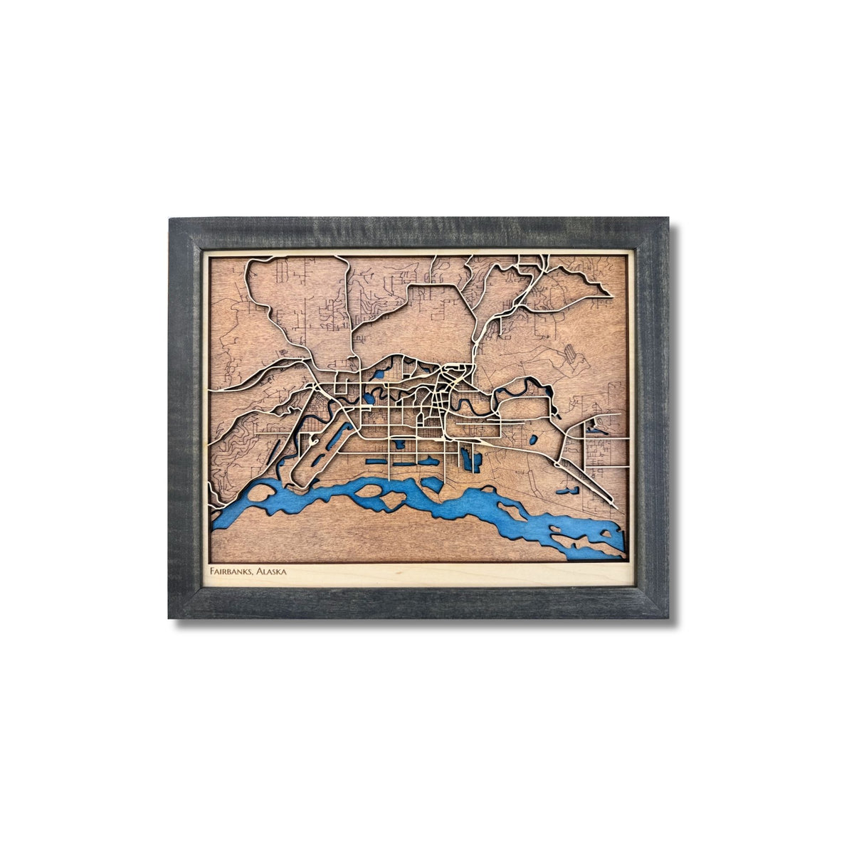 Small framed map of Fairbanks, Alaska on a white background.