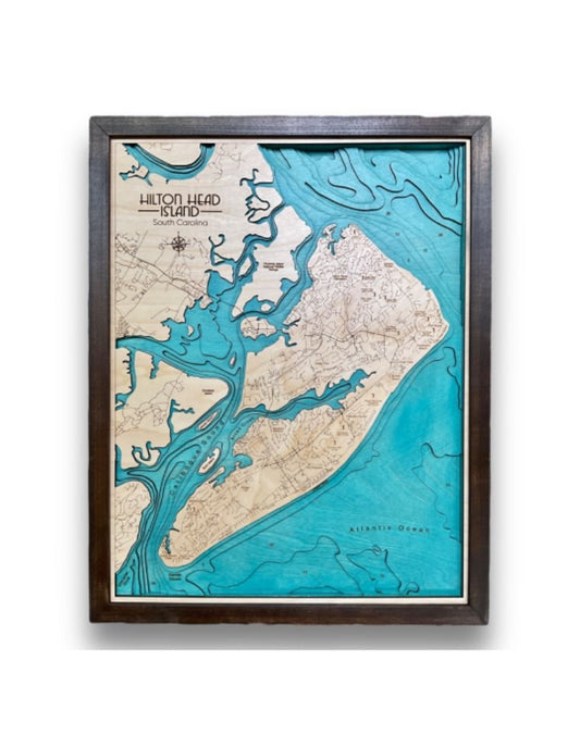 Hilton Head Island wood map on white background.