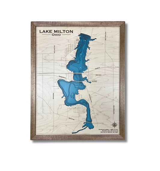 Wooden map of Lake Milton in Ohio on a white background.