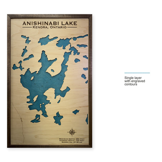 Anishinabi Kenora wood map — single layer with engraved contours, layer option shown