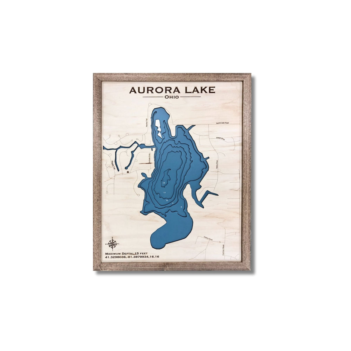 Framed wooden map of Aurora Lake, Ohio on a white background.