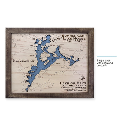 Bays Summer Camp wood map — single layer with engraved contours, layer option shown