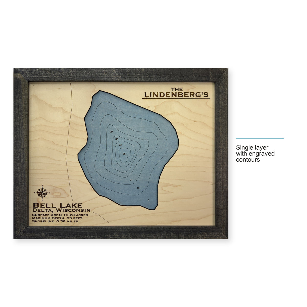 Bell Lindenberg wood map — single layer with engraved contours, layer option shown