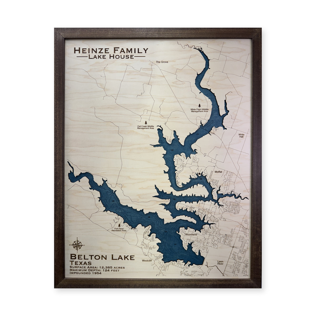 Belton Heinze wood map — single layer with engraved contours, white background