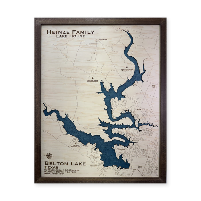 Belton Heinze wood map — single layer with engraved contours, white background