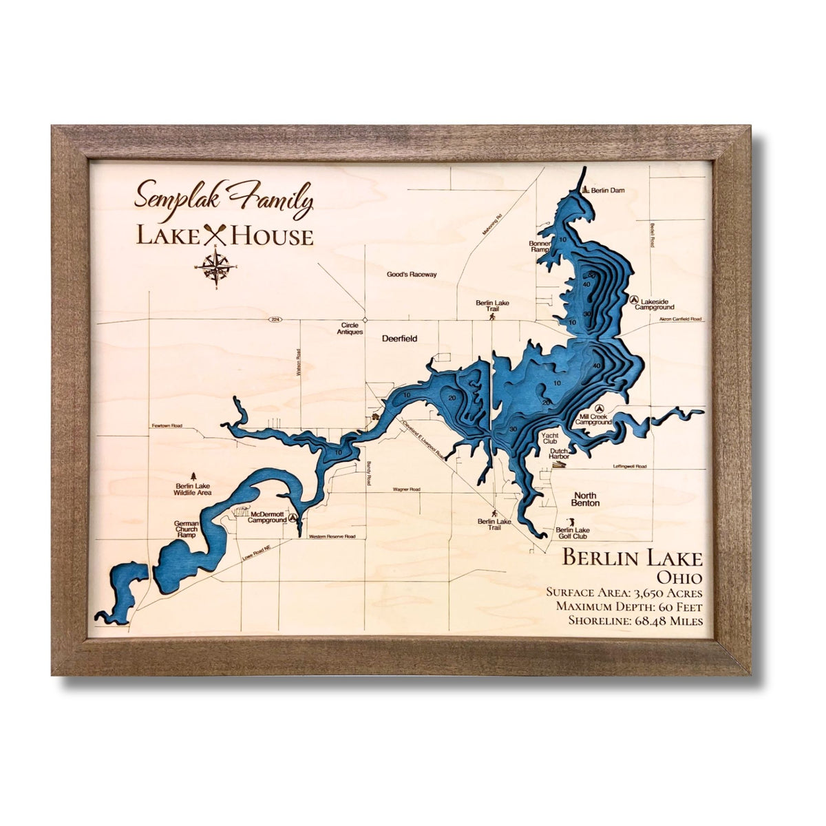 Custom multilayer wooden map of Berlin Lake.