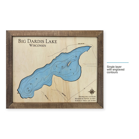 Big Dardis Engraved wood map — single layer with engraved contours, layer option shown