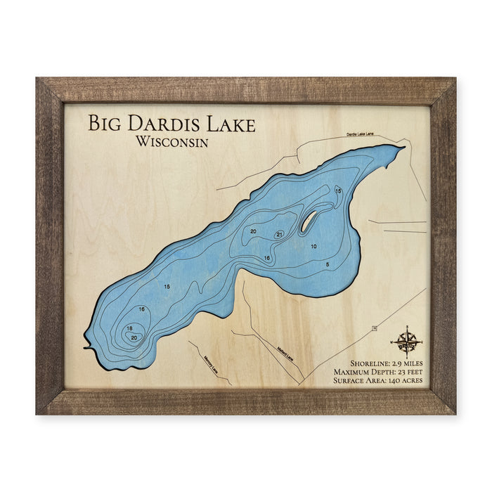 Big Dardis Engraved wood map — single layer with engraved contours, white background