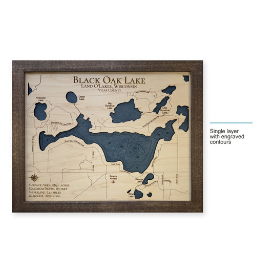 Black Oak Lake wood map — single layer with engraved contours, layer option shown