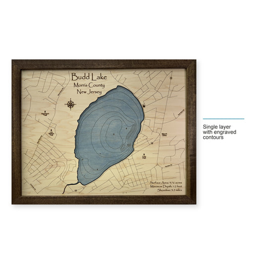 Budd Lake wood map — single layer with engraved contours, layer option shown