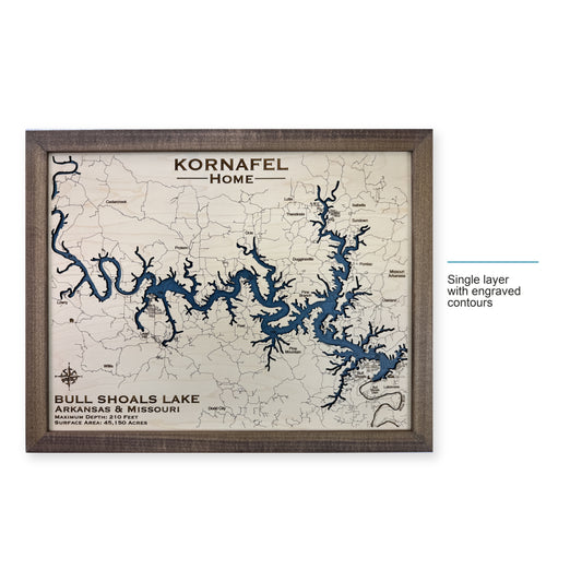 Bull Shoals Kornafel wood map — single layer with engraved contours, layer option shown