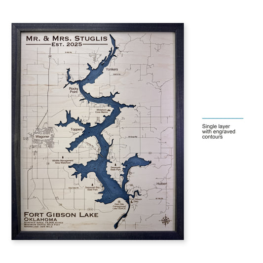 Fort Gibson Stuglis wood map — single layer with engraved contours, layer option shown