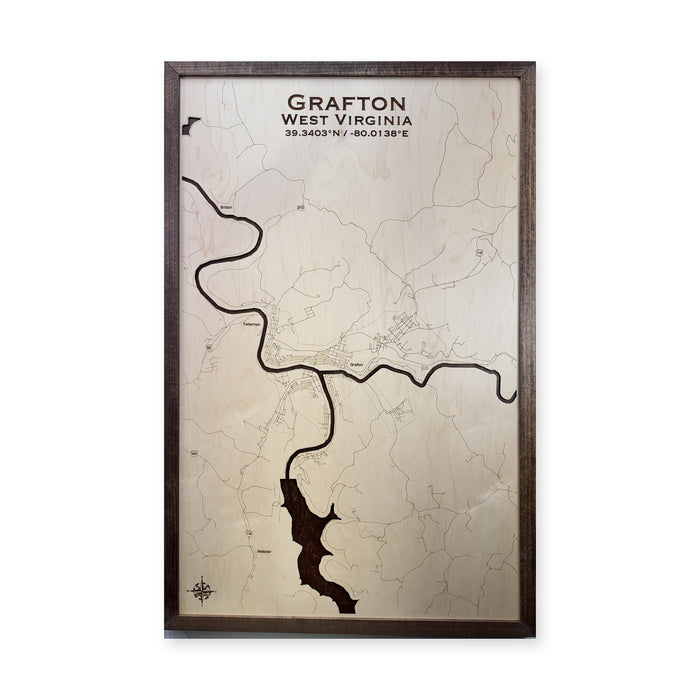 Grafton West Virginia wood map — wood map, white background