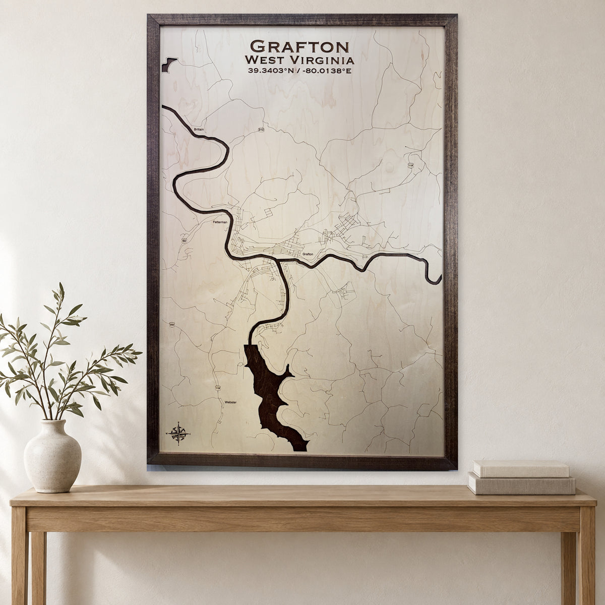Grafton West Virginia wood map — wood map, staged room mockup