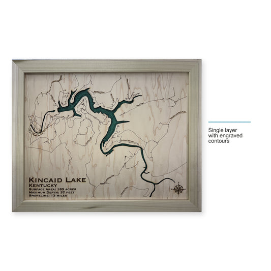 Kincaid Lake wood map — single layer with engraved contours, layer option shown