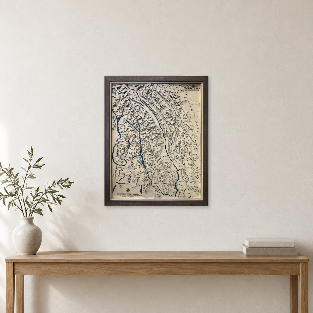 Purcell Mountains, British Columbia Wood Map — Layered topo map — room mockup