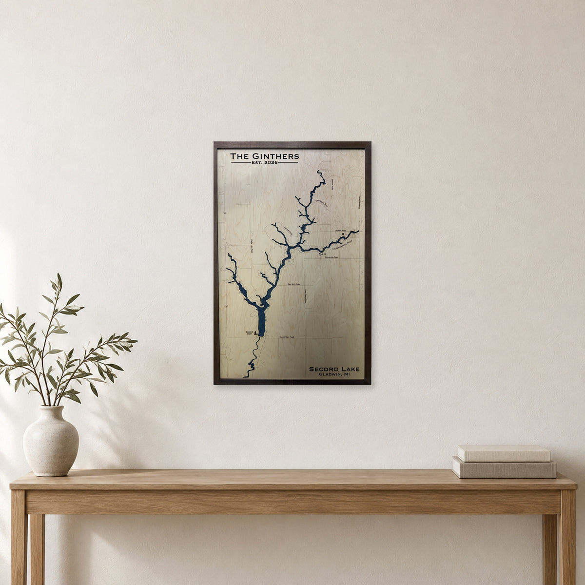 Secord Lake, Michigan Wood Map — Single layer — room mockup