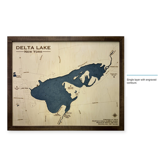 Delta Lake, New York Wood Map — Single layer with engraved contours — style-labeled photo