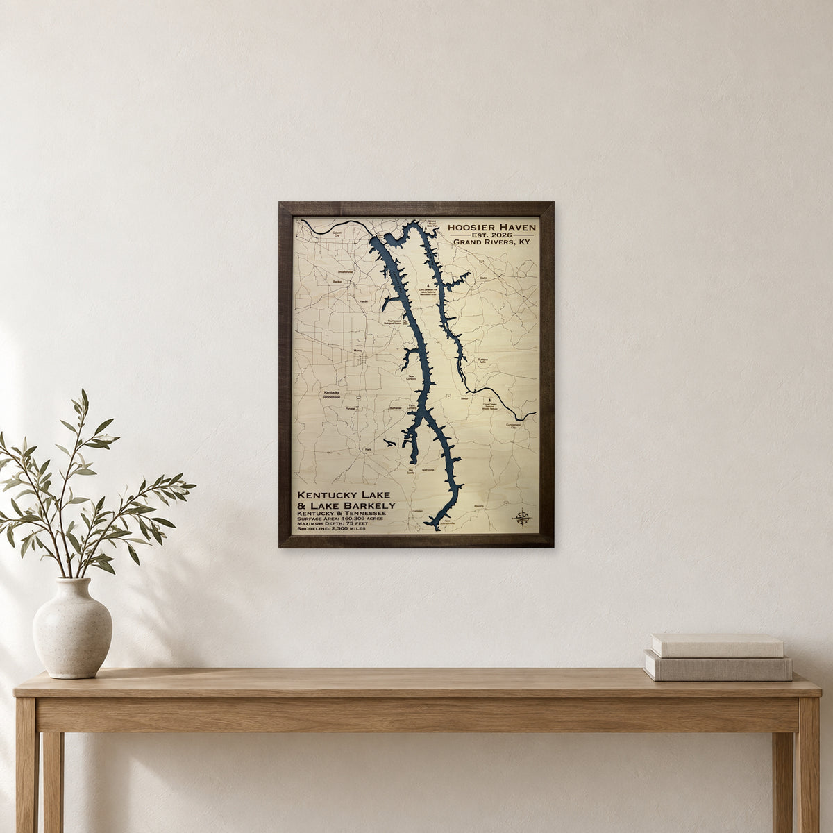 Kentucky Lake and Lake Barkley Wood Map — Single layer — room mockup