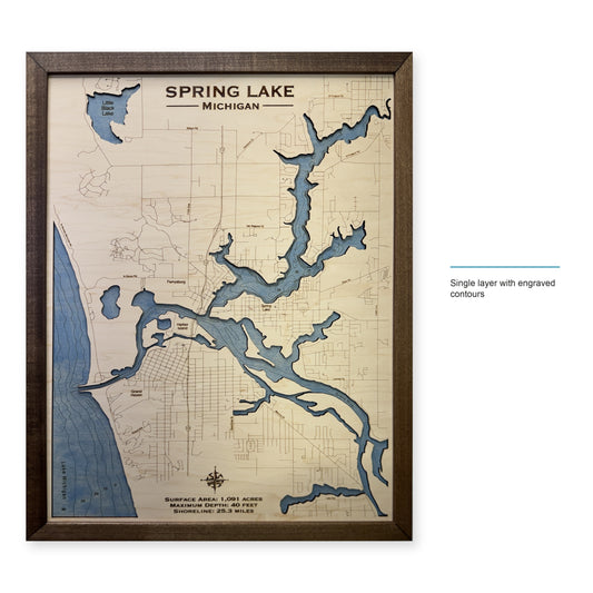 Spring Lake, Michigan Wood Map — Single layer with engraved contours — style-labeled photo