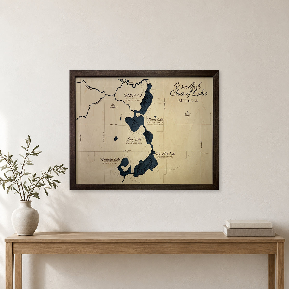 Woodbeck Chain of Lakes, Michigan Wood Map — Multilayer — room mockup