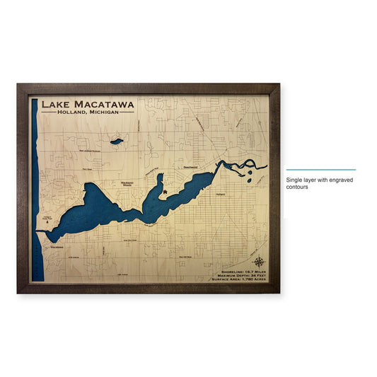 Lake Macatawa, Michigan Wood Map — Single layer with engraved contours — style-labeled photo