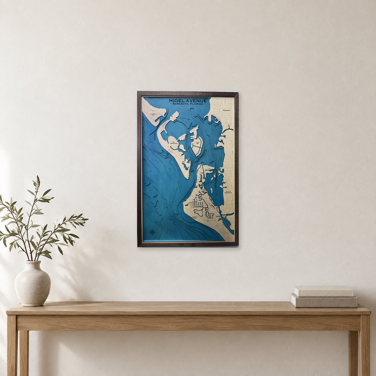 Siesta Key and Sarasota Bay, Florida Wood Map — Multilayer — room mockup