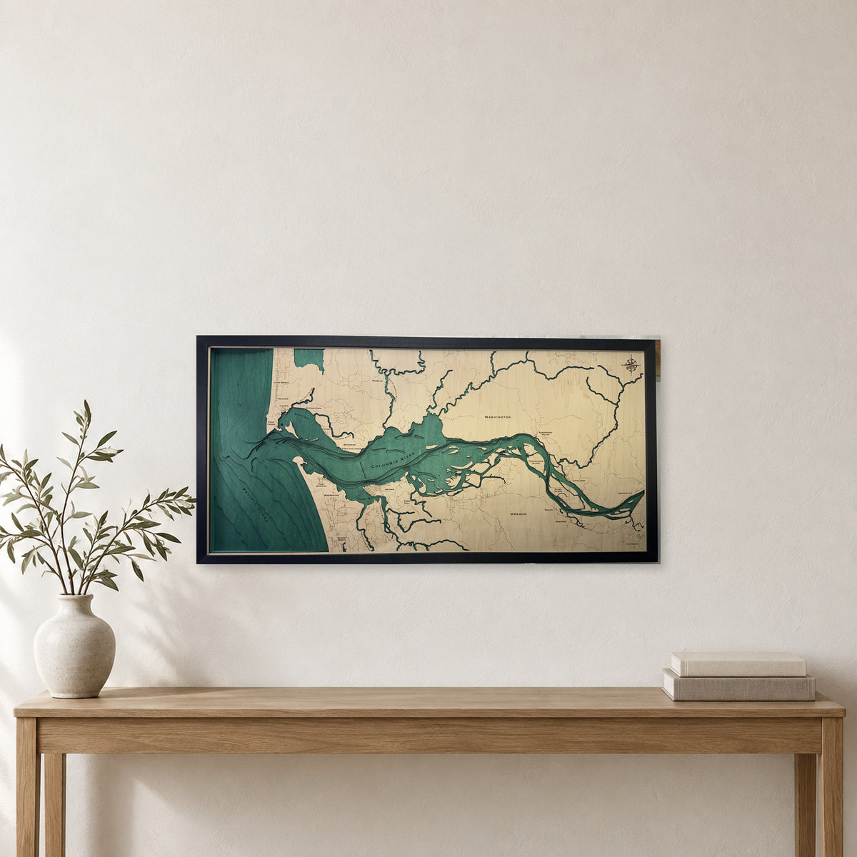 Columbia River, McGowan, Oregon Wood Map — Multilayer — room mockup