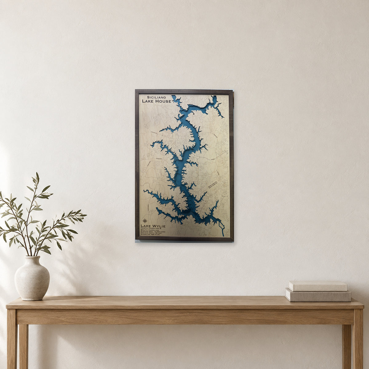 Lake Wylie, North Carolina & South Carolina Wood Map — Single layer — room mockup