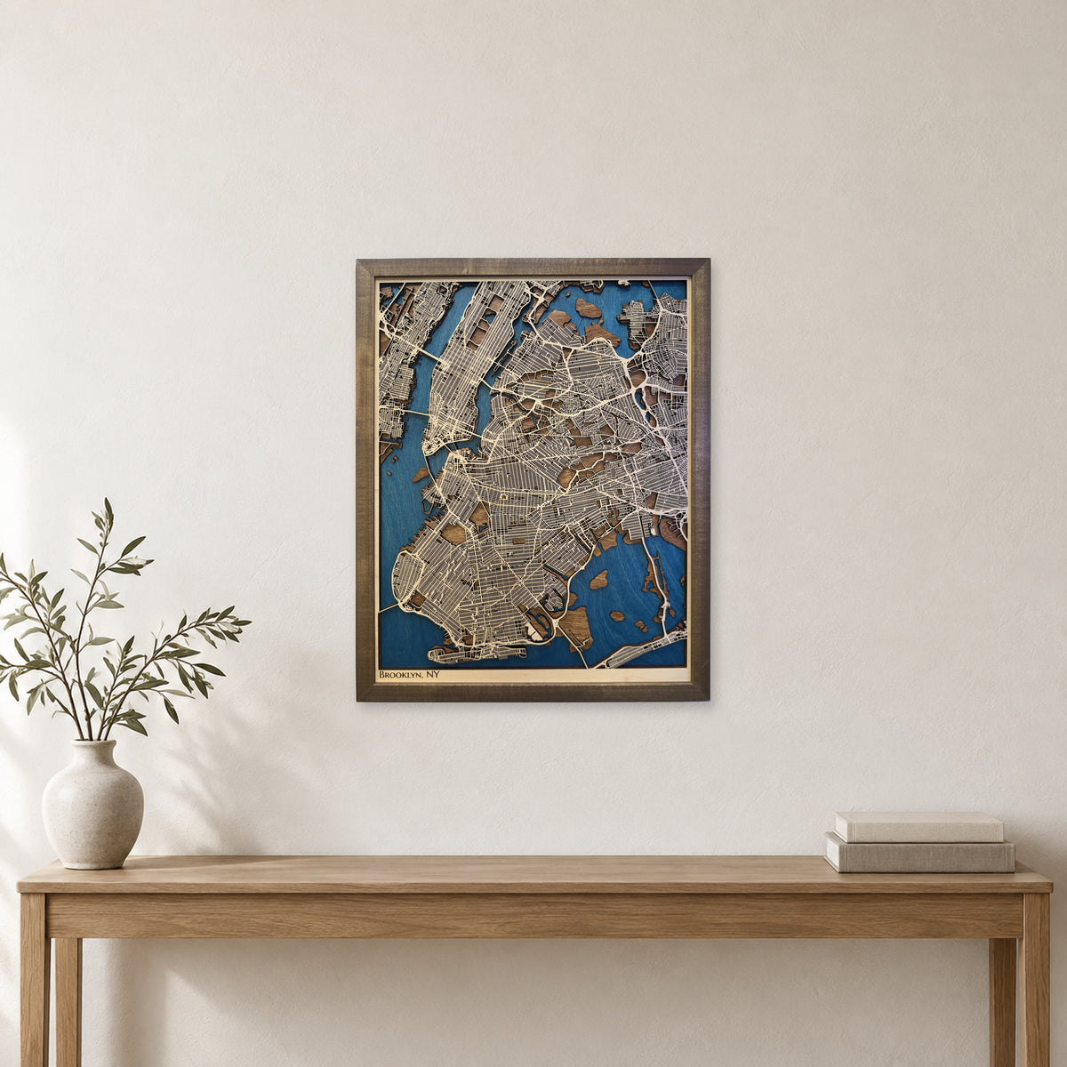 Brooklyn, New York Wood Map — Multilayer — room mockup