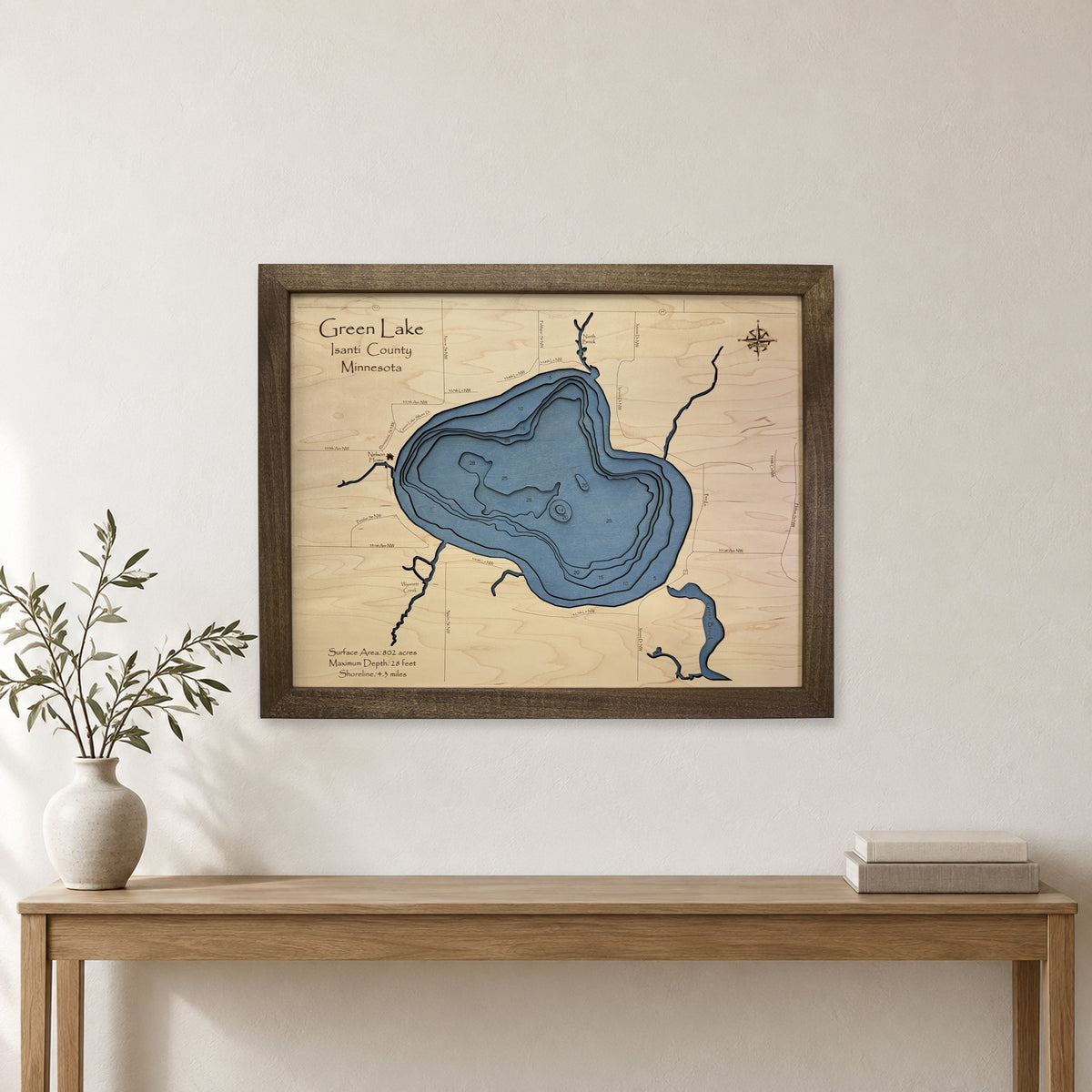 Green Lake, Isanti County, Minnesota Wood Map — Multilayer — room mockup