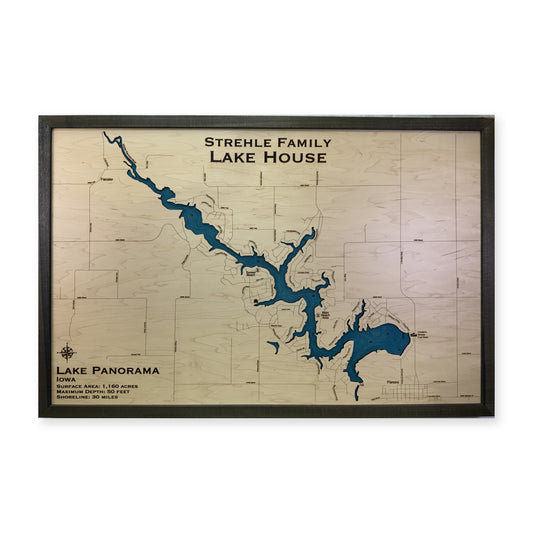Lake Panorama, Iowa Wood Map — Single layer with engraved contours — plain-background photo