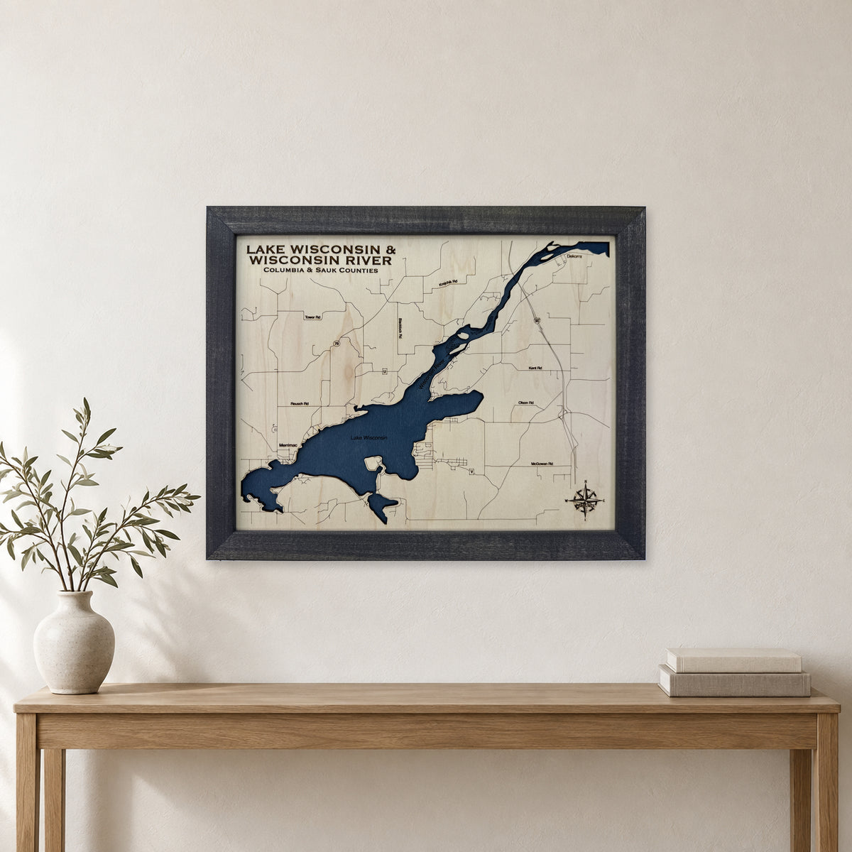 Lake Wisconsin and Wisconsin River Wood Map — Single layer — room mockup