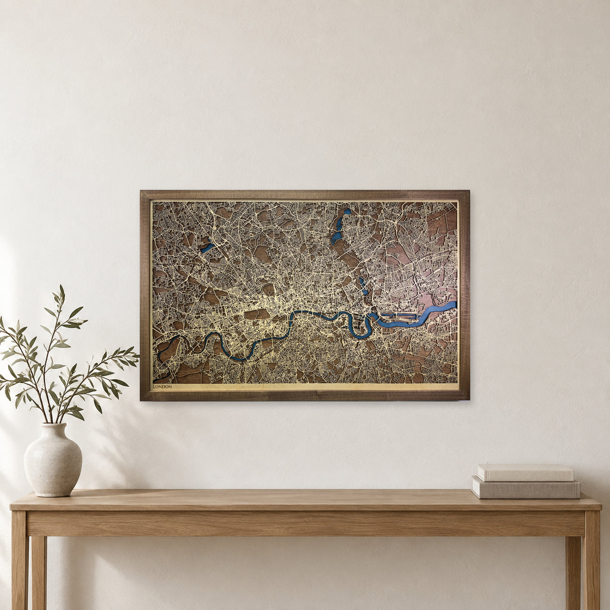 London, United Kingdom Wood Map — Multilayer — room mockup