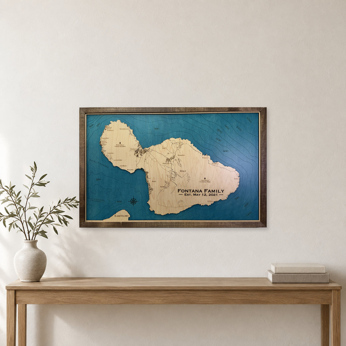 Maui, Hawaii Wood Map — Single layer with engraved contours — room mockup