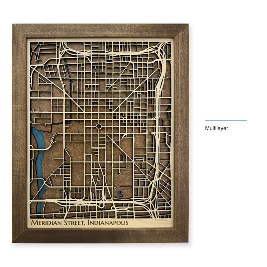 Meridian Street, Indianapolis, Indiana Wood Map — Multilayer — style-labeled photo