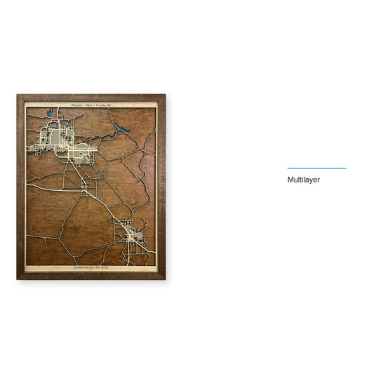 Phoenix, Mesa and Tucson, Arizona Wood Map — Multilayer — style-labeled photo