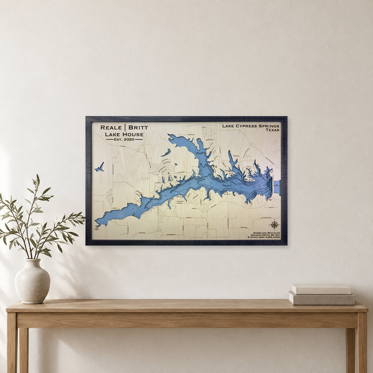 Lake Cypress Springs, Texas Wood Map — Multilayer — room mockup