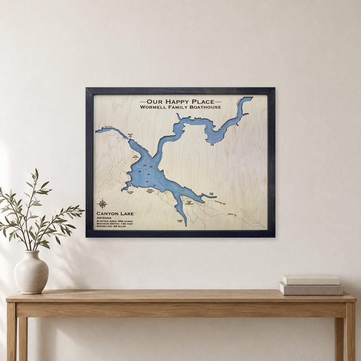 Canyon Lake, Arizona Wood Map — Single layer with engraved contours — room mockup