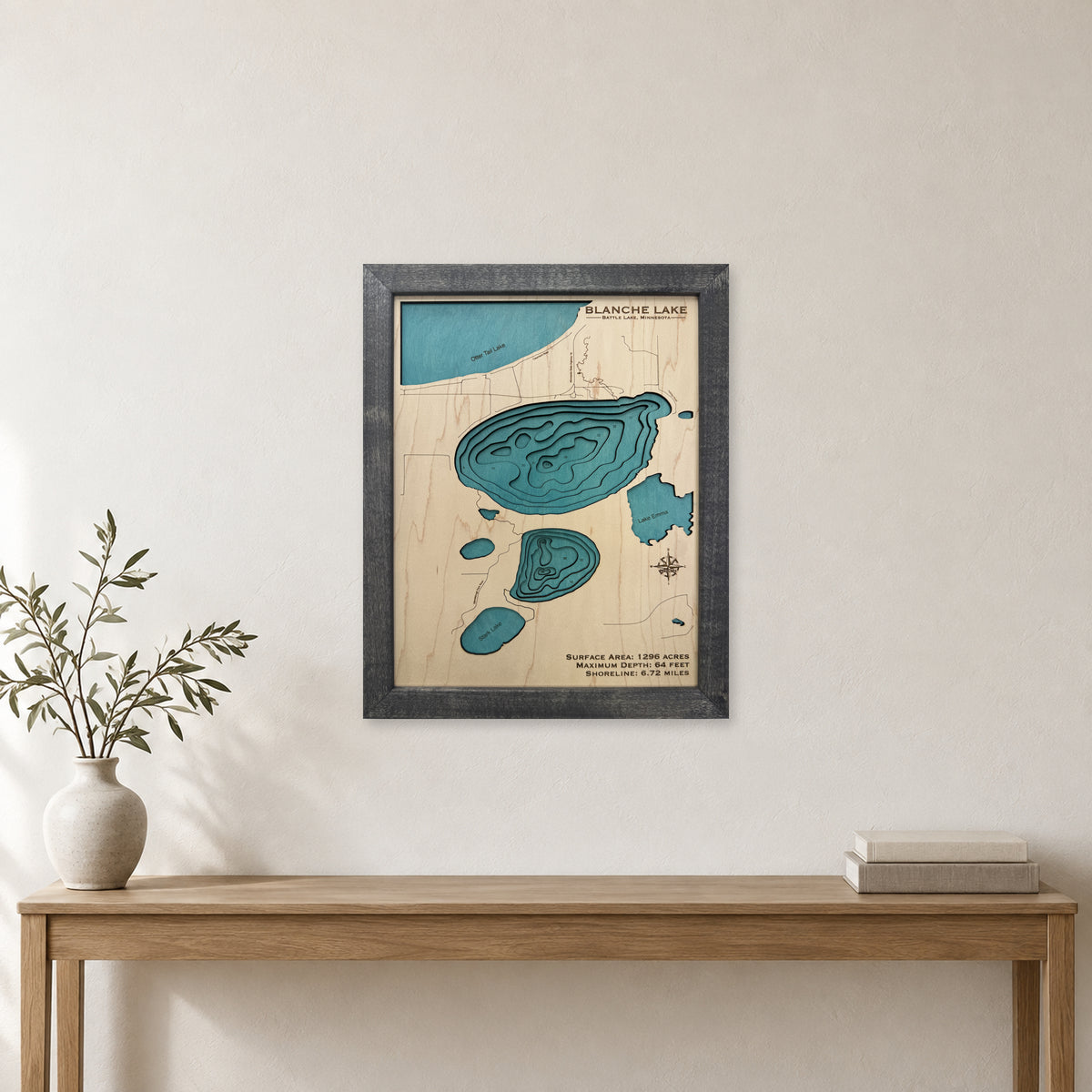 Blanche Lake, Battle Lake, Minnesota Wood Map — Multilayer — room mockup