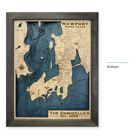 Newport, Rhode Island Wood Map — Multilayer — style-labeled photo