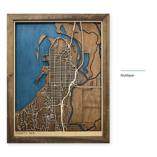 Everett, Washington Wood Map — Multilayer — style-labeled photo