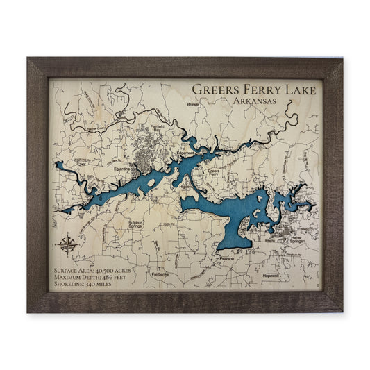 Greers Ferry Lake, Arkansas Wood Map — Single layer — plain-background photo