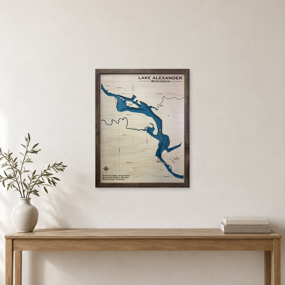 Lake Alexander, Wisconsin Wood Map — Multilayer — room mockup