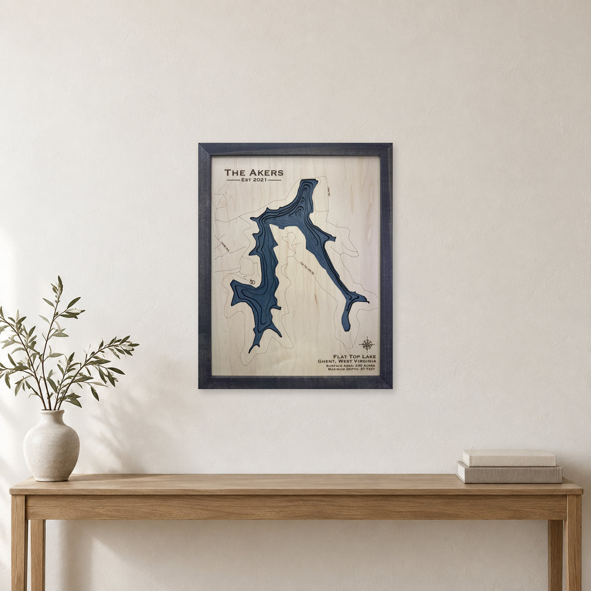 Flat Top Lake, Ghent, West Virginia Wood Map — Multilayer — room mockup