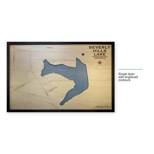 Beverly Hills Lake, Arkansas Wood Map — Single layer with engraved contours — style-labeled photo
